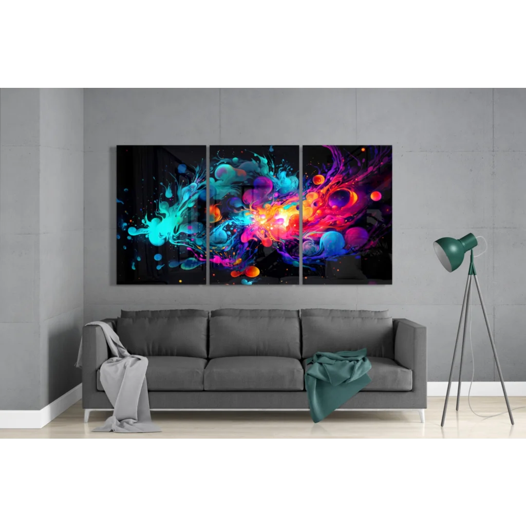 Vibrant 3-panel cosmic glass art canvas in teal, purple, orange, black