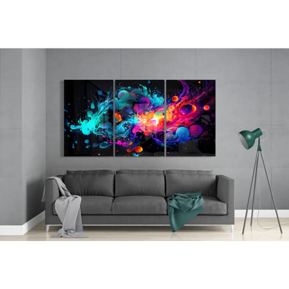 Vibrant 3-panel cosmic glass art canvas in teal, purple, orange, black