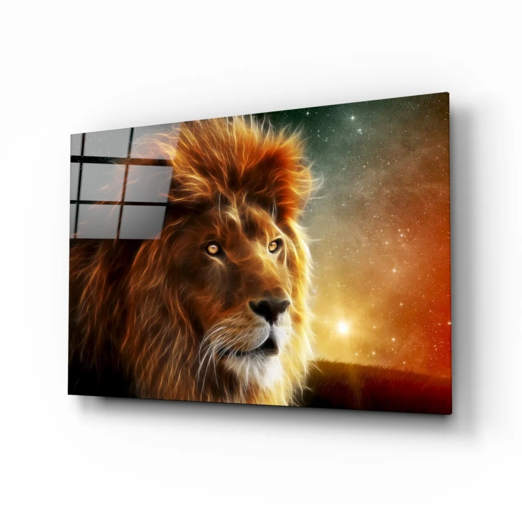 Majestic cosmic lion canvas wall art with glowing amber eyes