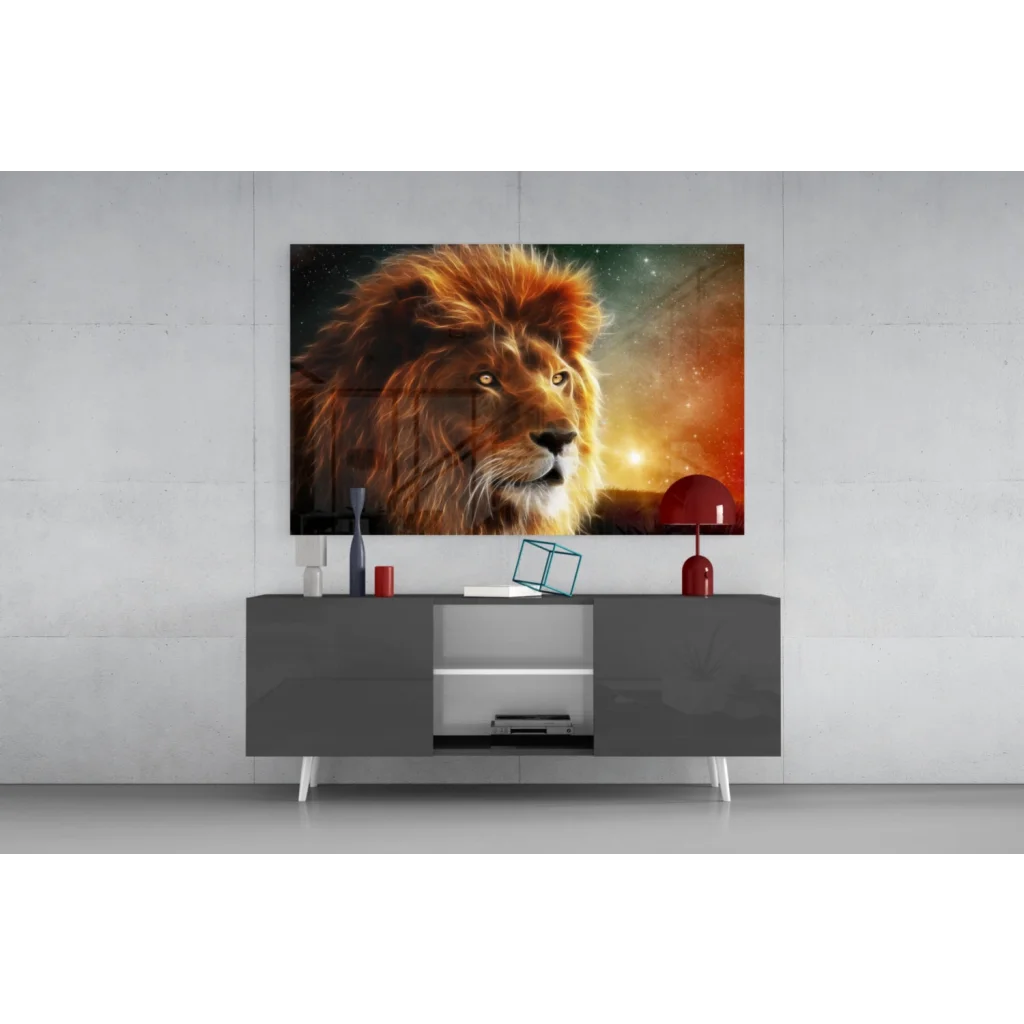 Majestic cosmic lion wall art canvas with glowing amber eyes
