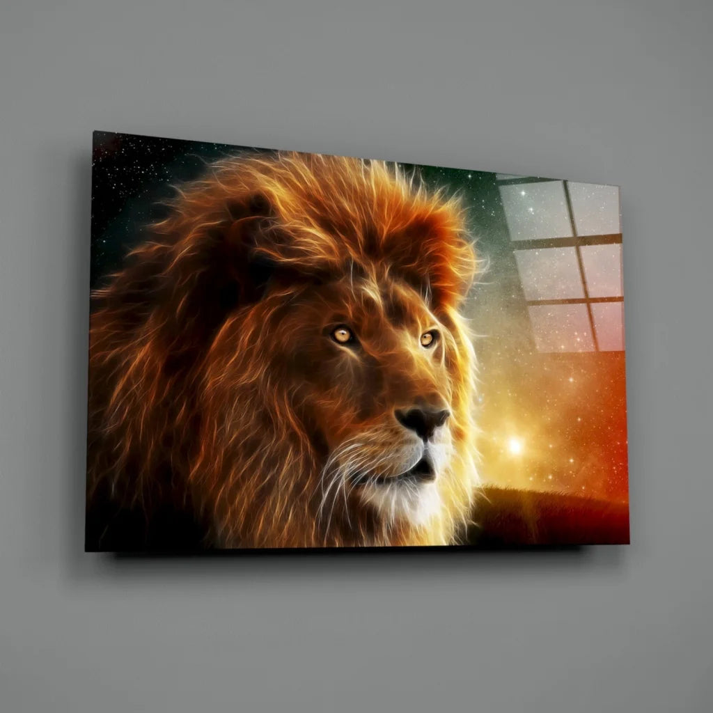 Majestic cosmic lion wall art with glowing amber eyes on canvas