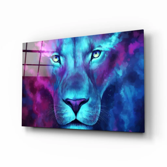 Vibrant cosmic lion wall art with glowing yellow eyes in blues and purples