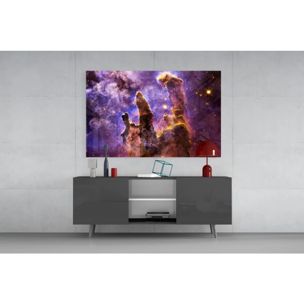 Vibrant 24-inch Samsung QLED TV as purple orange cosmic nebula glass wall art