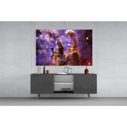 Vibrant 24-inch Samsung QLED TV as purple orange cosmic nebula glass wall art
