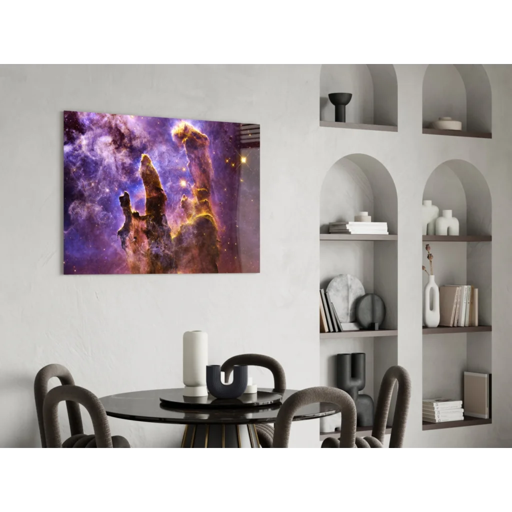Purple and orange cosmic nebula wall art print with stars and galaxies