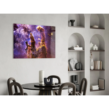 Purple and orange cosmic nebula wall art print with stars and galaxies