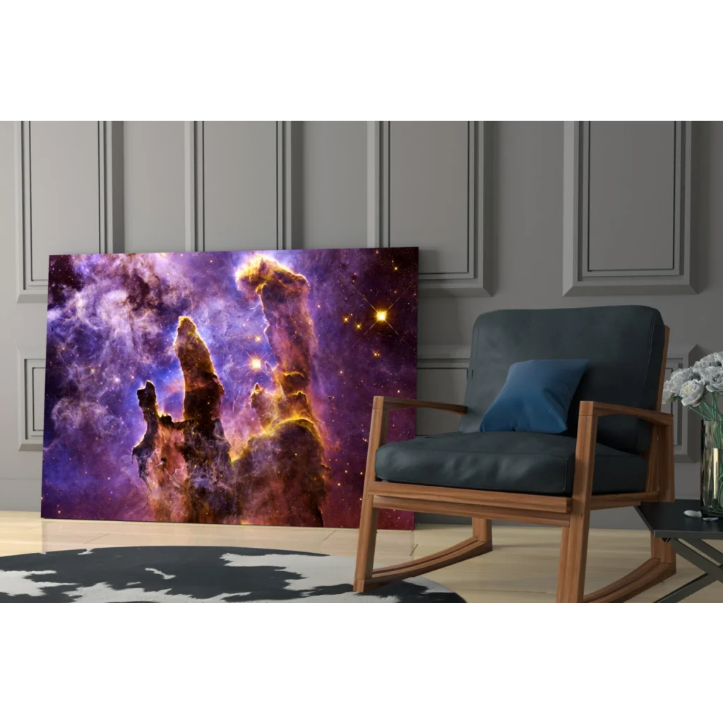 Purple cosmic nebula wall art canvas with golden pillars and stars