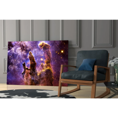 Purple cosmic nebula wall art canvas with golden pillars and stars