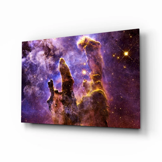 Vibrant purple and orange cosmic nebula wall art canvas print with starry background