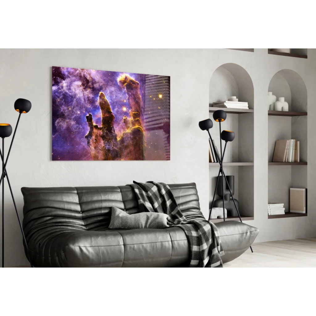 Purple and orange cosmic nebula canvas wall art with stars and planets