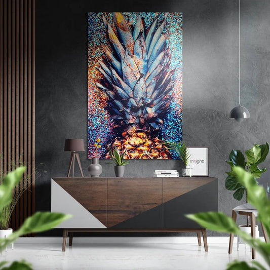 Vibrant cosmic pineapple art on brushed aluminium dibond