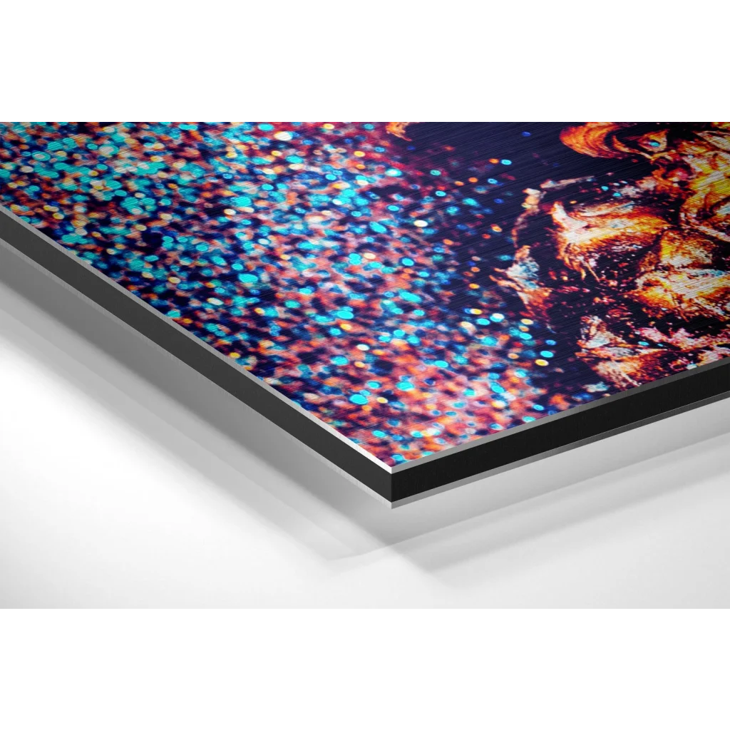 Vibrant cosmic pineapple art on brushed aluminium dibond, blue to orange abstract