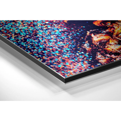 Vibrant cosmic pineapple art on brushed aluminium dibond, blue to orange abstract