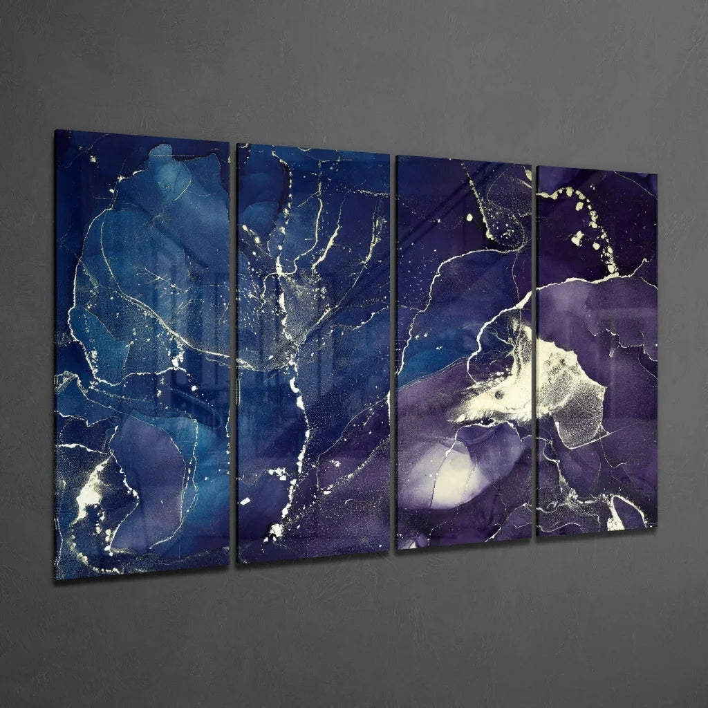 Cosmic Purple Blue Galaxy glass wall art: 4-panel abstract with blue purple hues, metallic accents