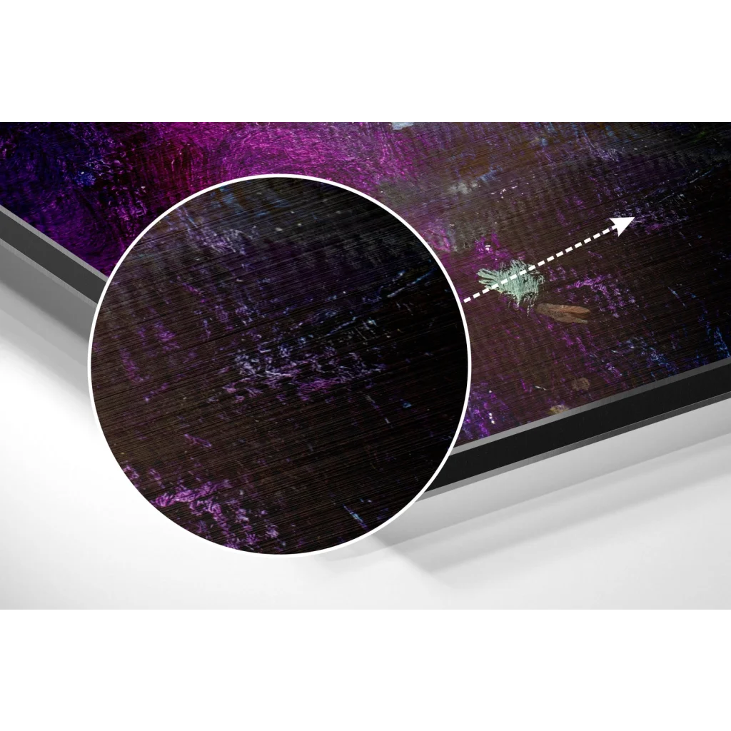 Close-up of cosmic purple galaxy on brushed aluminium dibond