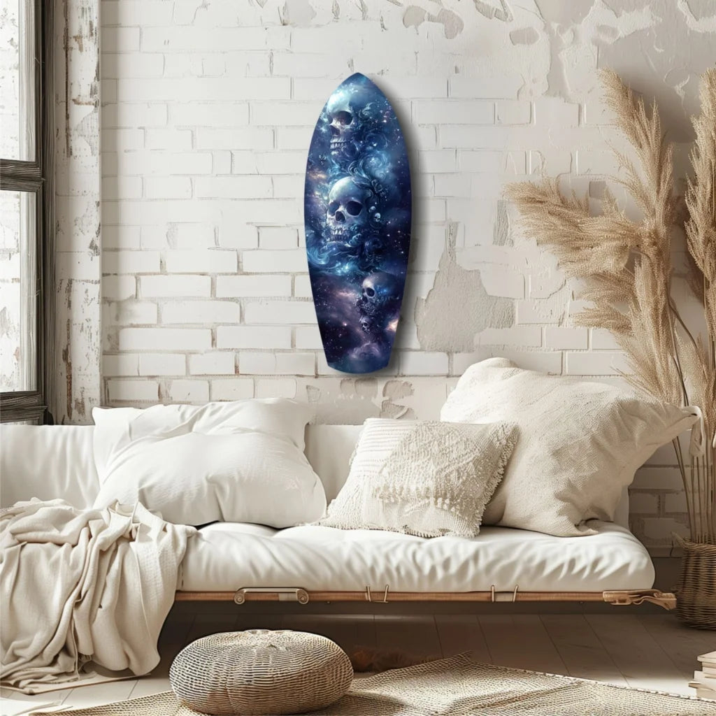 Blue cosmic skull surfboard tempered glass art with size comparison