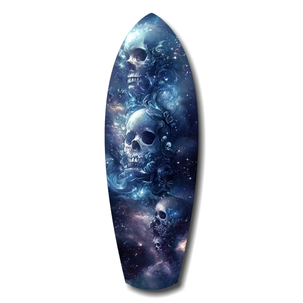 Cosmic Skull Surfboard tempered glass art with size comparison