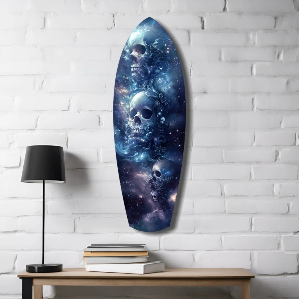 Cosmic Skull Surfboard Tempered Glass Art with size comparison