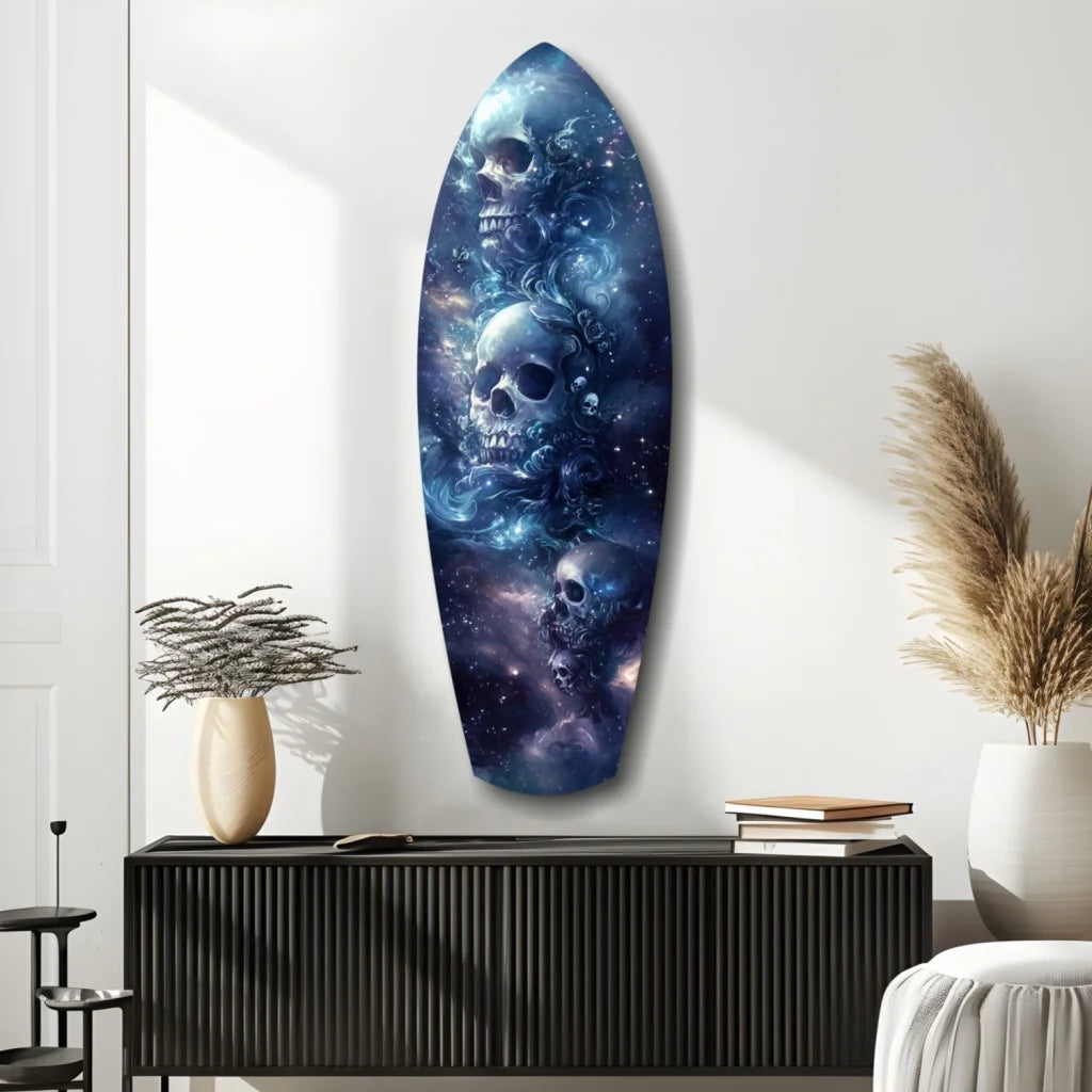 Cosmic skull surfboard tempered glass art with size comparison