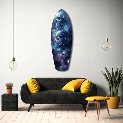 Sleek cosmic skull surfboard tempered glass art with size comparison