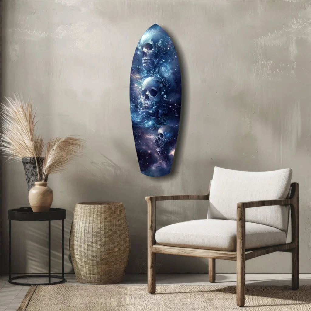 Blue cosmic skull surfboard tempered glass art with size comparison