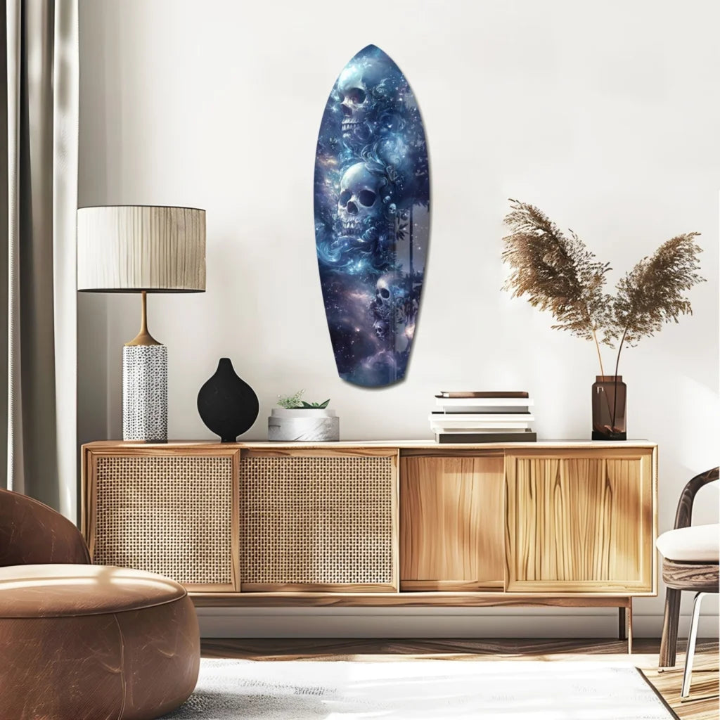 Blue cosmic skull surfboard tempered glass art with size comparison