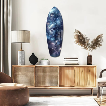 Blue cosmic skull surfboard tempered glass art with size comparison