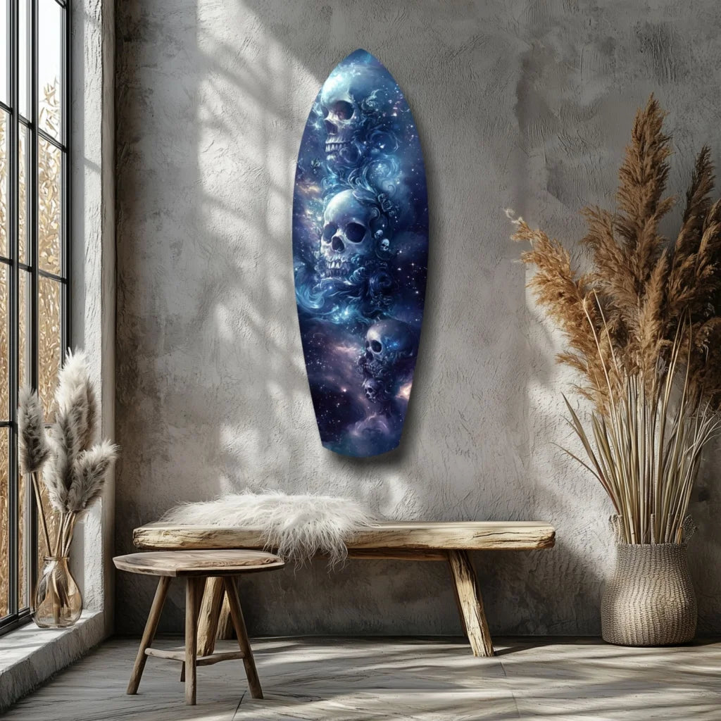 Cosmic skull surfboard tempered glass art with size comparison