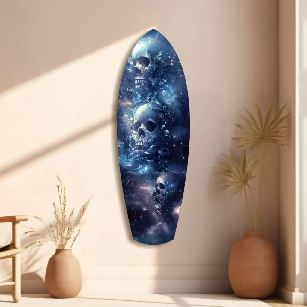Sleek cosmic skull surfboard tempered glass art with size comparison