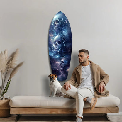 Cosmic skull surfboard tempered glass art with size comparison