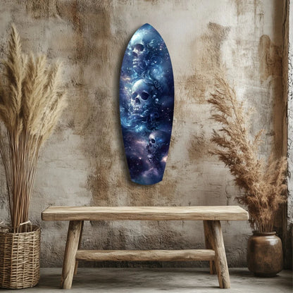 Blue cosmic skull surfboard tempered glass art with size comparison
