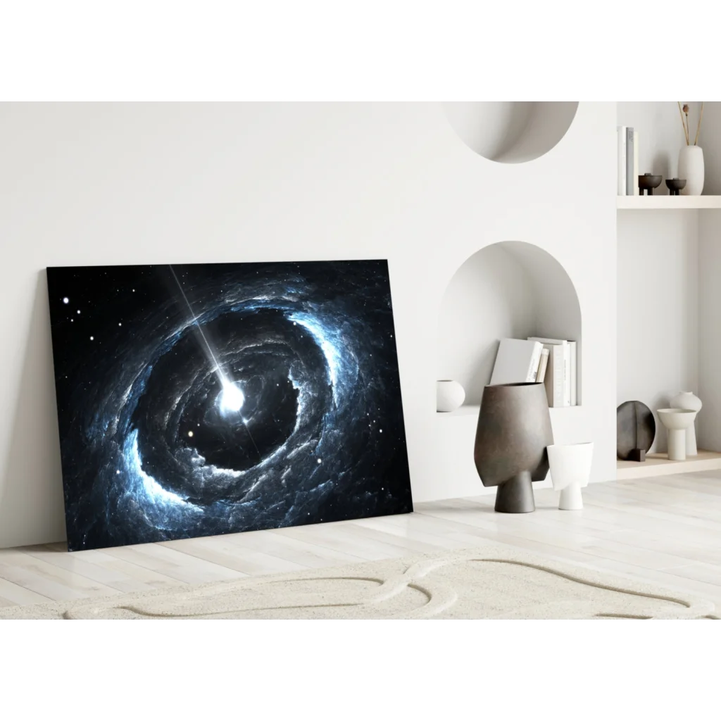 Cosmic spiral galaxy canvas wall art with glowing blue stars