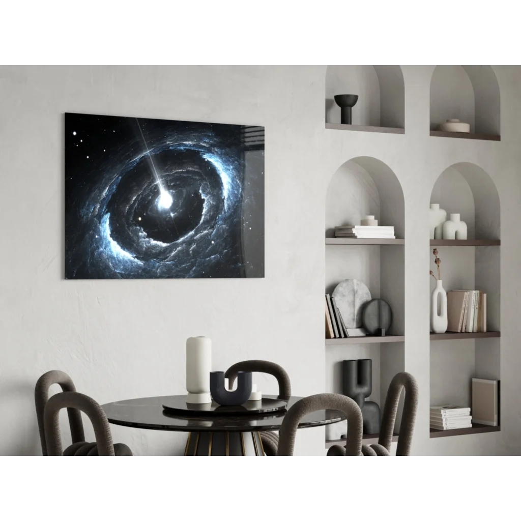 Sleek black blue cosmic nebula wall art with swirling galaxy and glowing stars