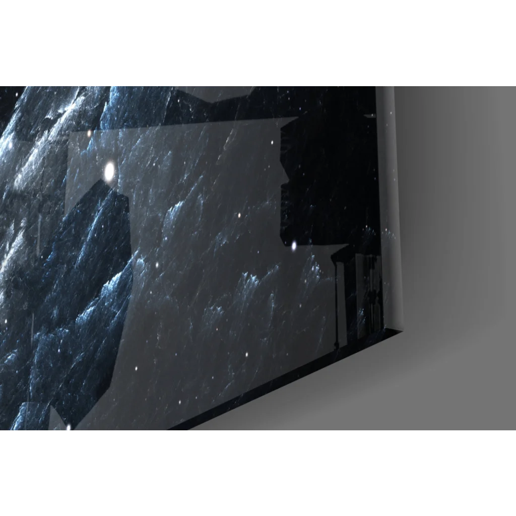 Sleek black-framed monitor showing cosmic spiral galaxy glass wall art with glowing blue stars