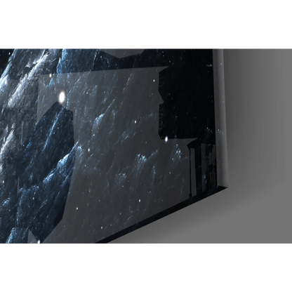 Sleek black-framed monitor showing cosmic spiral galaxy glass wall art with glowing blue stars