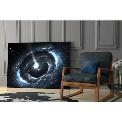 Vivid swirling blue black galaxy canvas wall art with glowing stars
