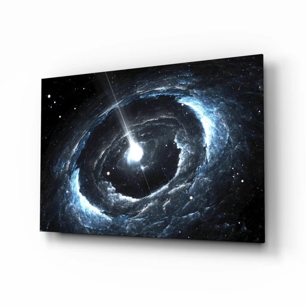 Vivid blue black spiral galaxy canvas wall art with glowing stars