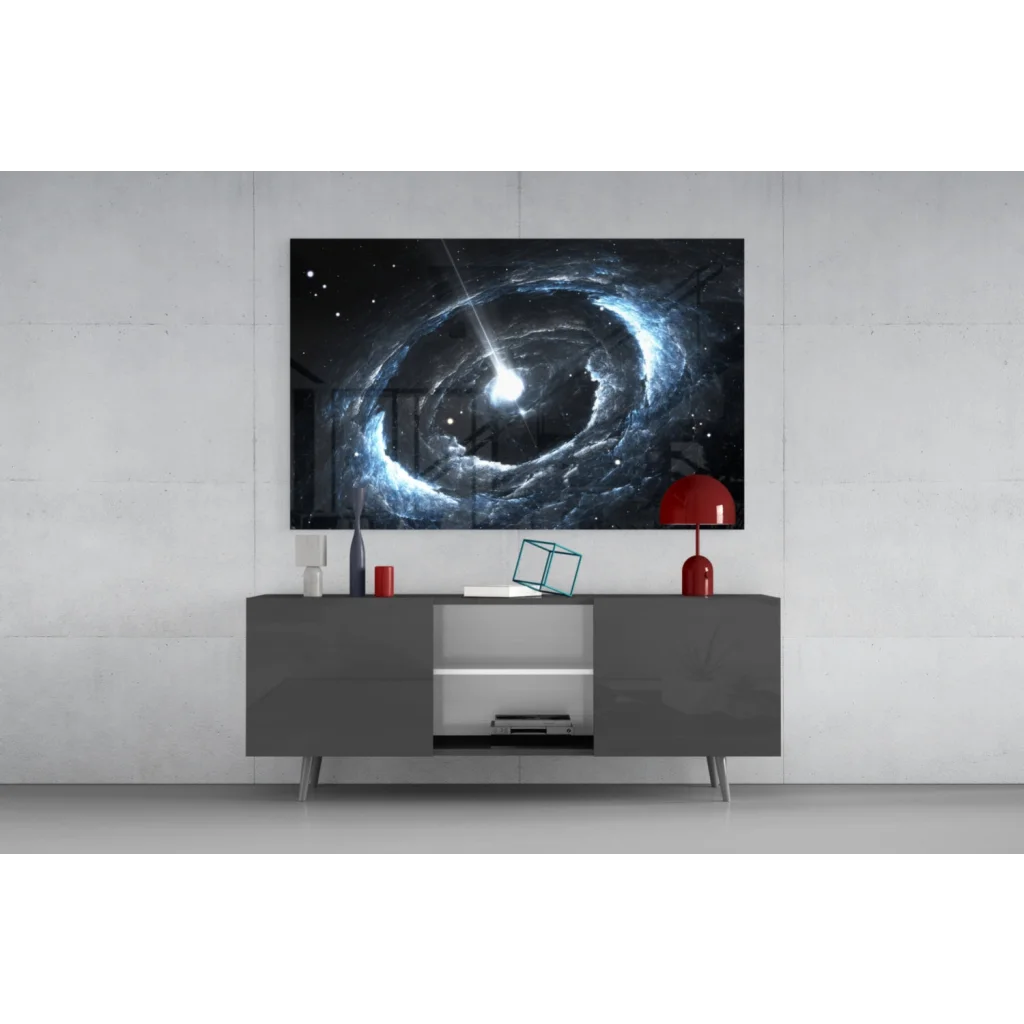 Sleek gray console table with cosmic spiral galaxy wall art