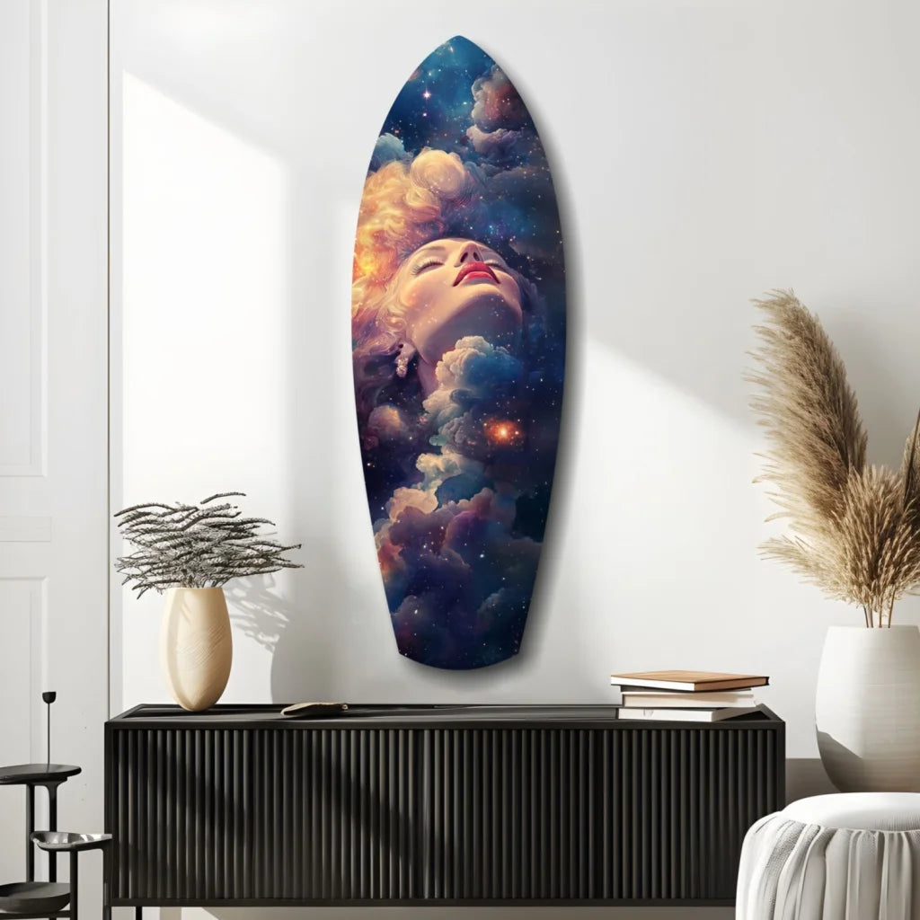Vibrant cosmic surfboard tempered glass art with galaxy woman design