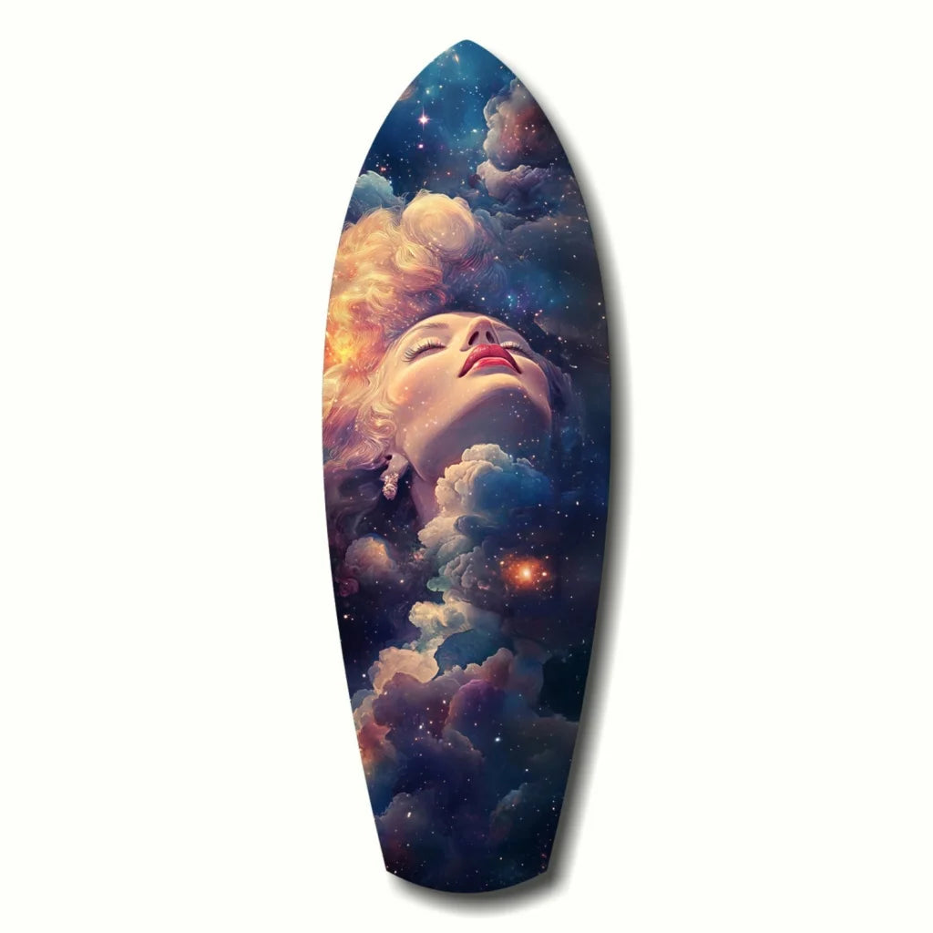 Cosmic Surfboard tempered glass art with galaxy woman design