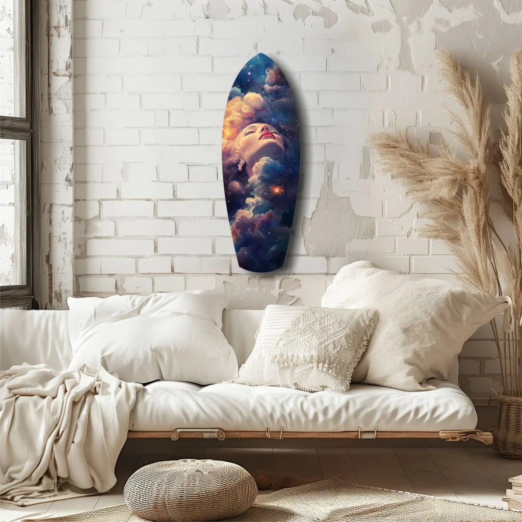 Cosmic surfboard tempered glass art with galaxy woman design