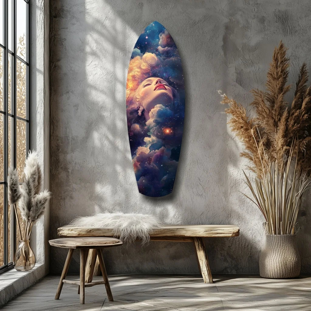 Cosmic surfboard tempered glass art with galaxy woman design
