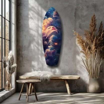 Cosmic surfboard tempered glass art with galaxy woman design