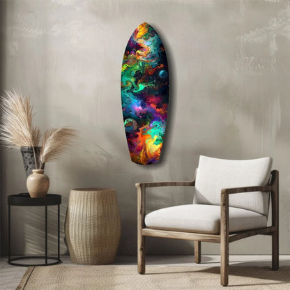 Vibrant cosmic surfboard tempered glass art with swirling nebula colors