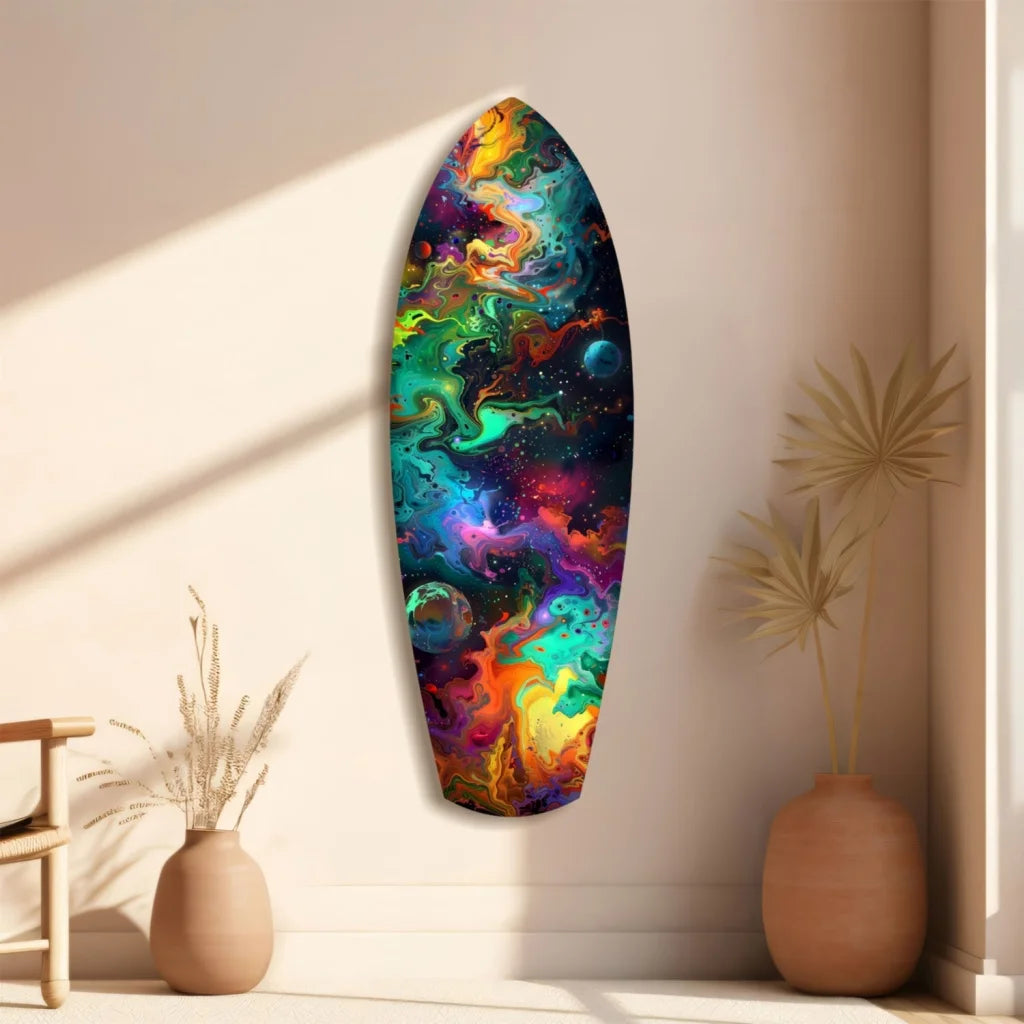 Vibrant cosmic surfboard tempered glass art with swirling nebulae