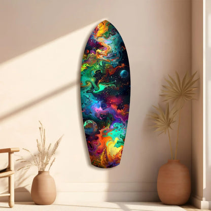 Vibrant cosmic surfboard tempered glass art with swirling nebulae