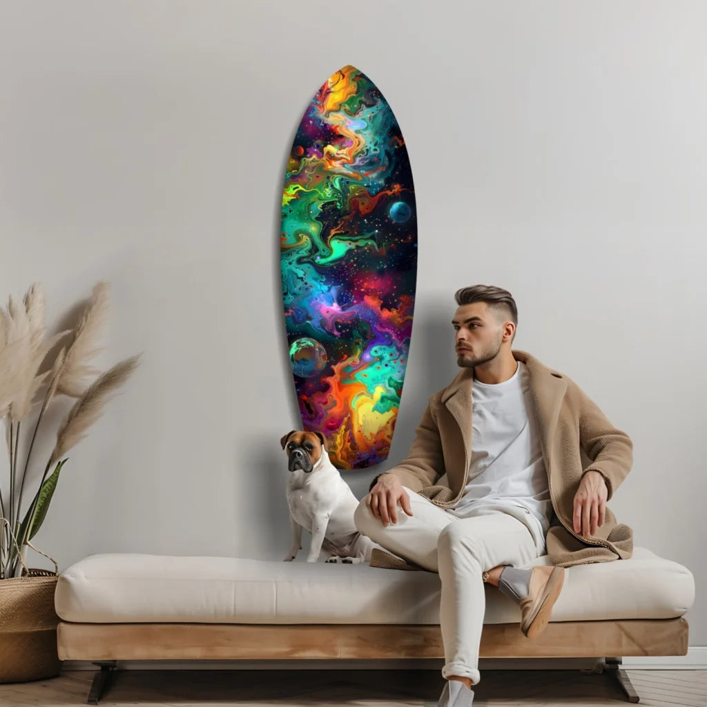 Vibrant cosmic surfboard tempered glass art with swirling nebula colors