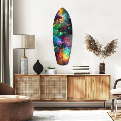 Vibrant cosmic surfboard tempered glass art with swirling nebula colors