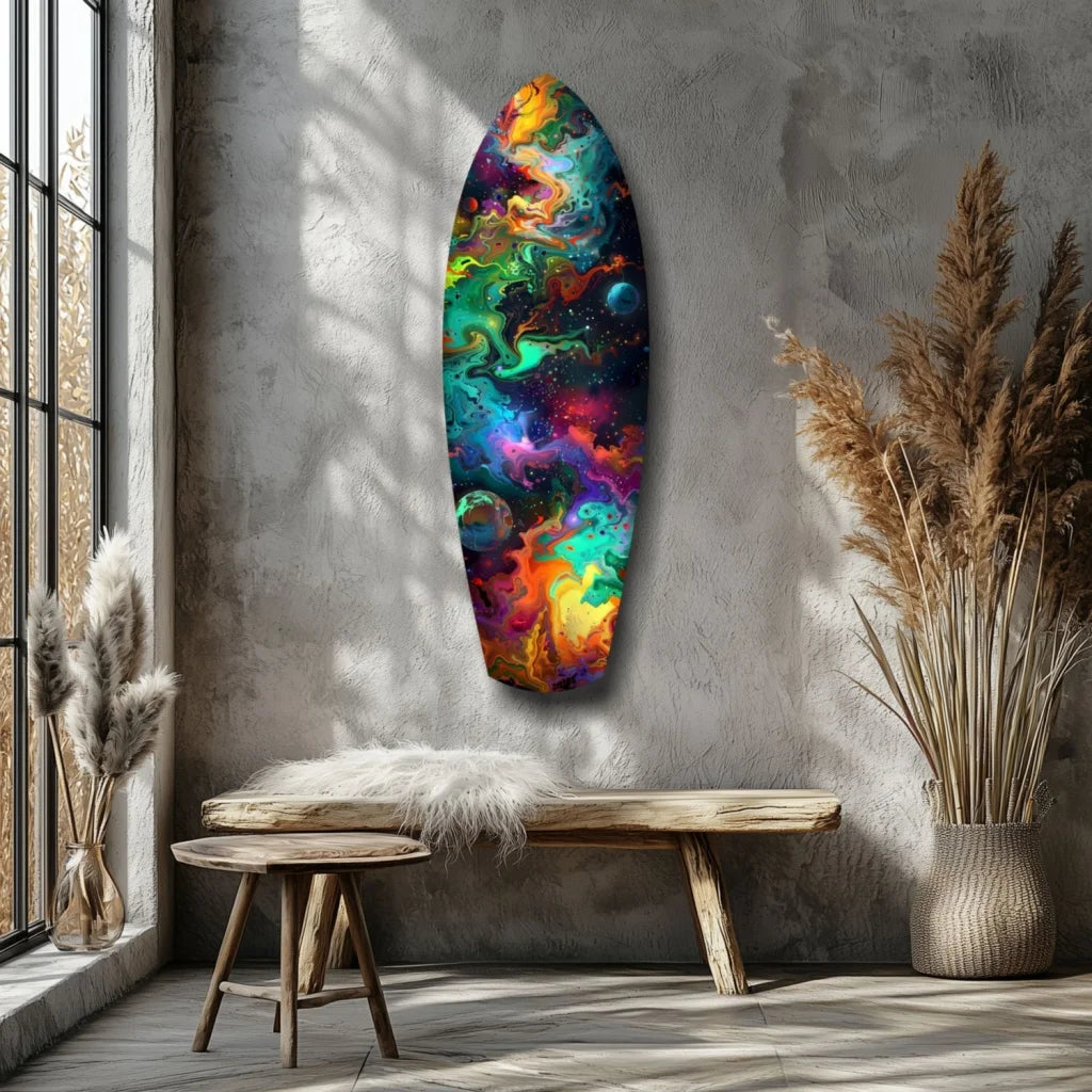 Vibrant cosmic surfboard tempered glass art with swirling nebulae colors