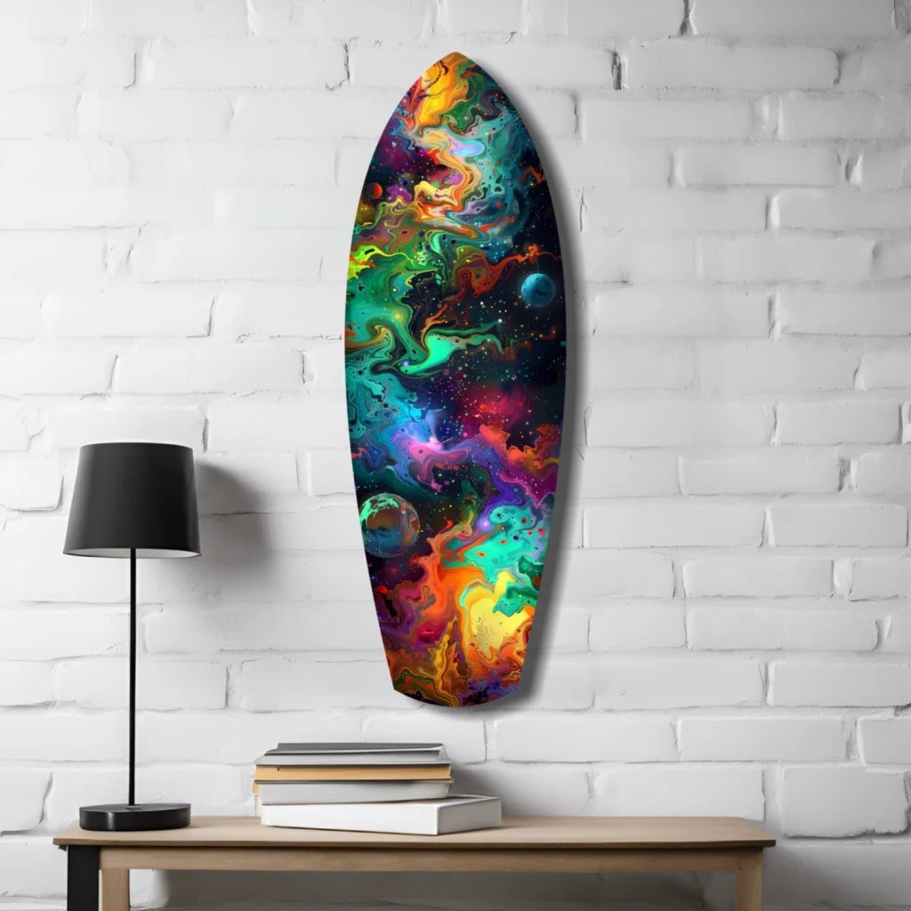 Vibrant cosmic surfboard tempered glass art with swirling nebula colors